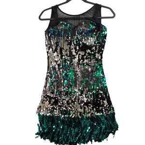 Green Silver Sequin Fringe Dance‎ Dress S Stage Glam Jazz Showgirl Y2K Sparkle